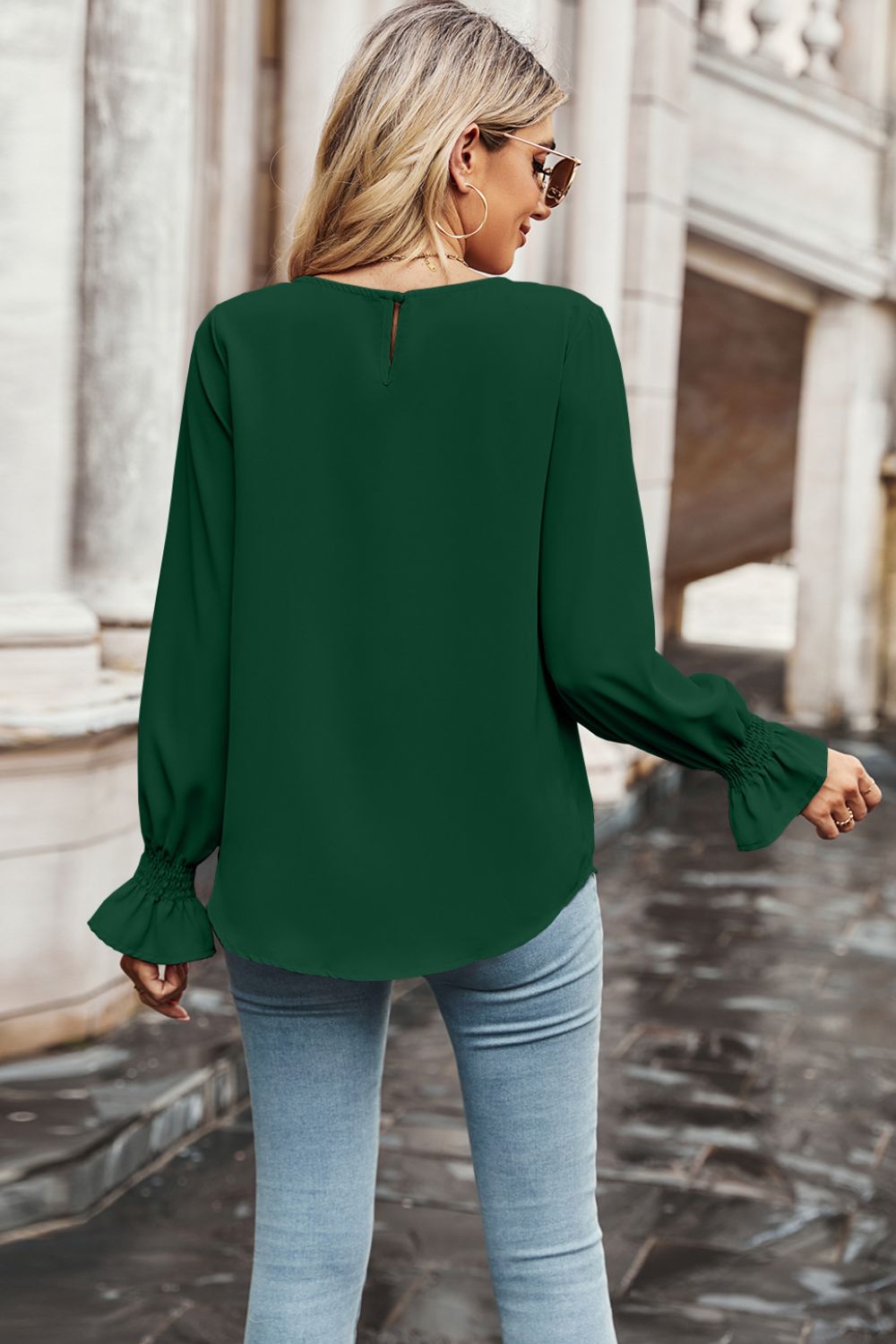 Round Neck Long Flounce Sleeve Blouse-Teresa&#39;s Fashionista LLC