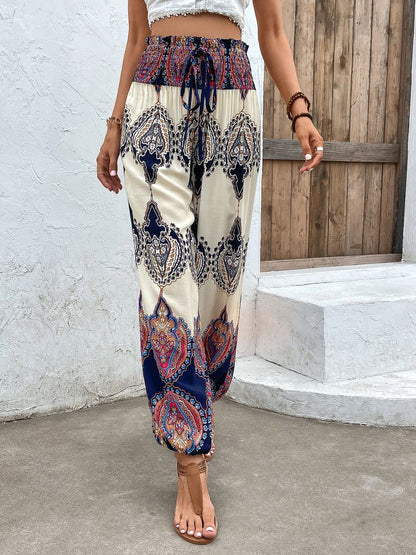 Printed Smocked High Waist Pants-Teresa&#39;s Fashionista LLC