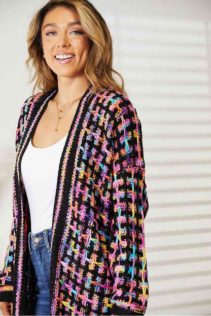 Double Take Full Size Multicolored Open Front Fringe Hem Cardigan-Teresa&#39;s Fashionista LLC