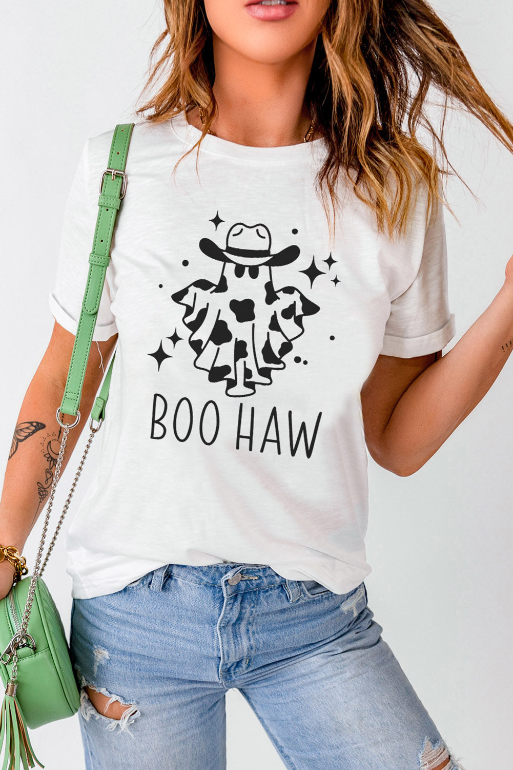 V-Neck Short Sleeve BOO HAW Ghost Graphic T-Shirt-Teresa&#39;s Fashionista LLC