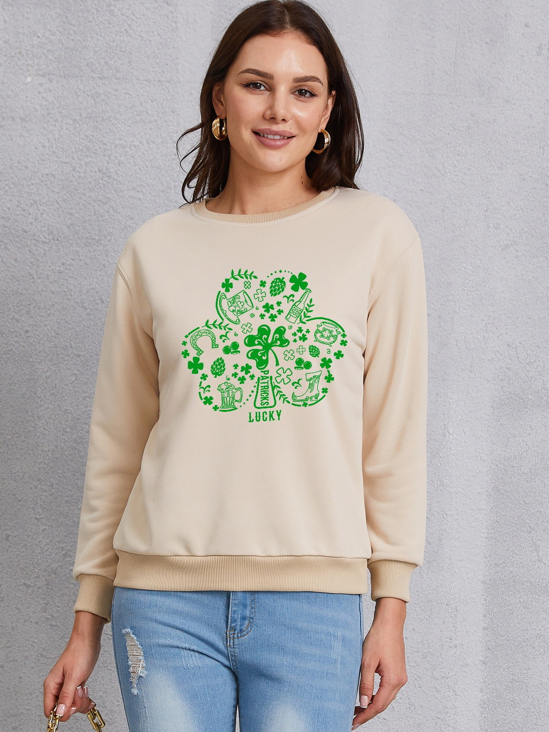 Lucky Clover Round Neck Sweatshirt-Teresa&#39;s Fashionista LLC