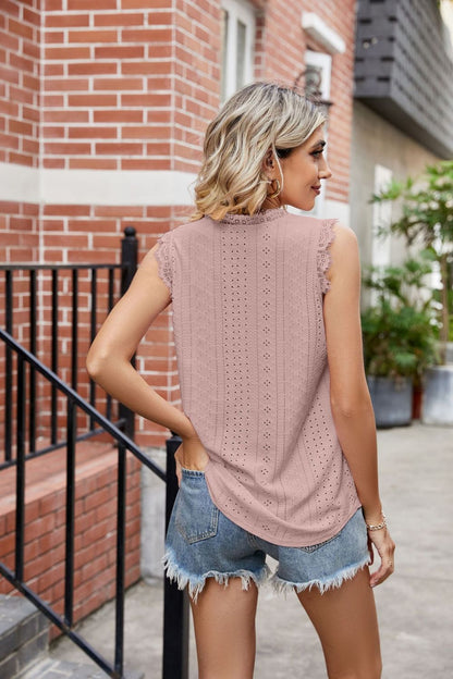 Eyelet Lace Trim Eyelash V-Neck Tank-Teresa&#39;s Fashionista LLC