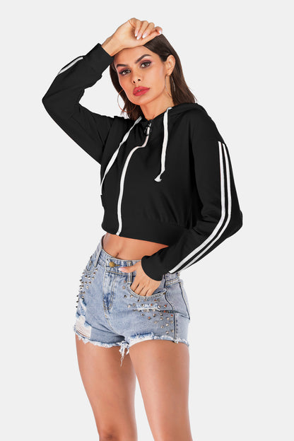 Side Stripe Drawstring Cropped Hooded Jacket-Teresa&#39;s Fashionista LLC