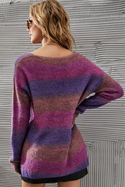 Multicolored Rib-Knit V-Neck Knit Pullover-Teresa&#39;s Fashionista LLC