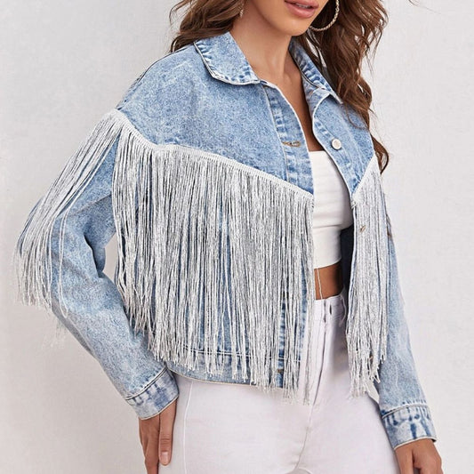 Fringe Detail Collared Neck Long Sleeve Denim Jacket-Teresa&#39;s Fashionista LLC