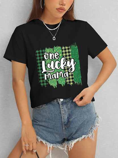 ONE LUCKY MAMA Round Neck T-Shirt-Teresa&#39;s Fashionista LLC