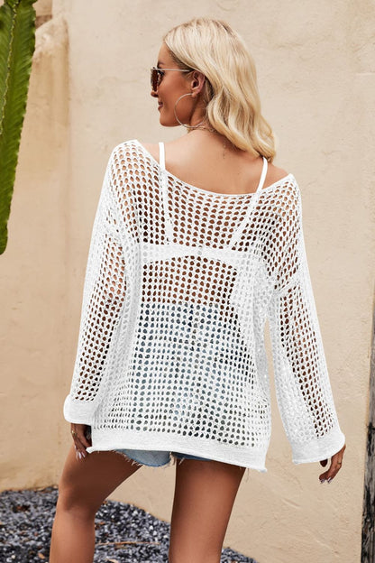 Openwork Round Neck Long Sleeve Cover Up-Teresa&#39;s Fashionista LLC