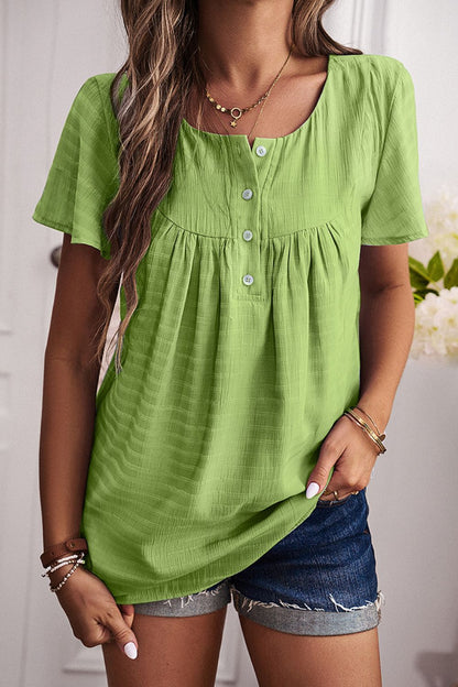 Quarter-Button Round Neck Short Sleeve Top-Teresa&#39;s Fashionista LLC