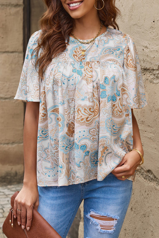 Printed Round Neck Short Sleeve Blouse-Teresa&#39;s Fashionista LLC