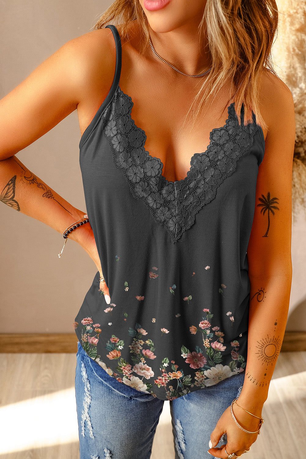 Floral Lace Trim Scalloped Plunge Cami-Teresa&#39;s Fashionista LLC