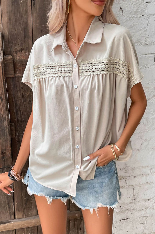 Button Front Lace Trim Curved Hem Blouse-Teresa&#39;s Fashionista LLC