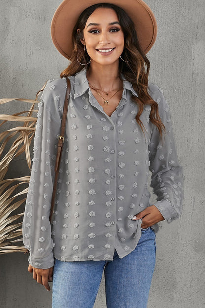 Swiss Dot Button-Up Long Sleeve Shirt-Teresa&#39;s Fashionista LLC