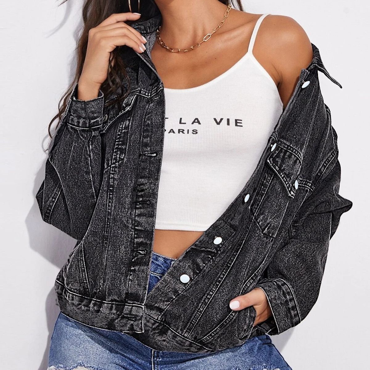 Collared Neck Dropped Shoulder Button-Down Denim Jacket-Teresa&#39;s Fashionista LLC