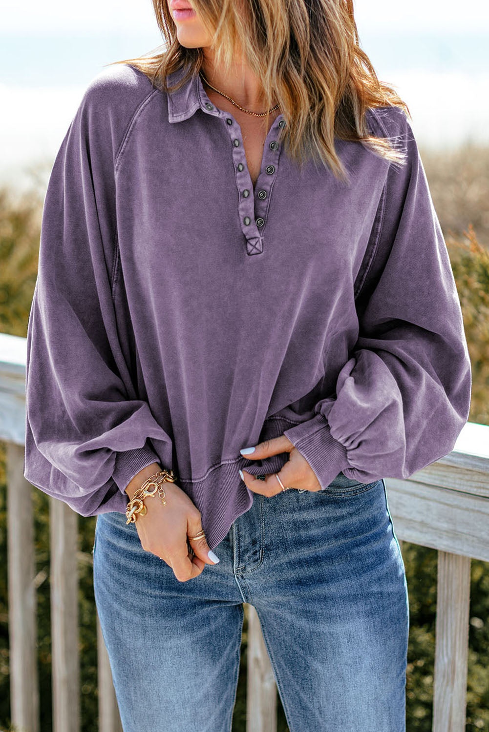 Quarter-Snap Collared Lantern Sleeve Sweatshirt-Teresa&#39;s Fashionista LLC