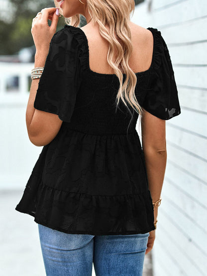 Smocked Square Neck Babydoll Blouse-Teresa&#39;s Fashionista LLC