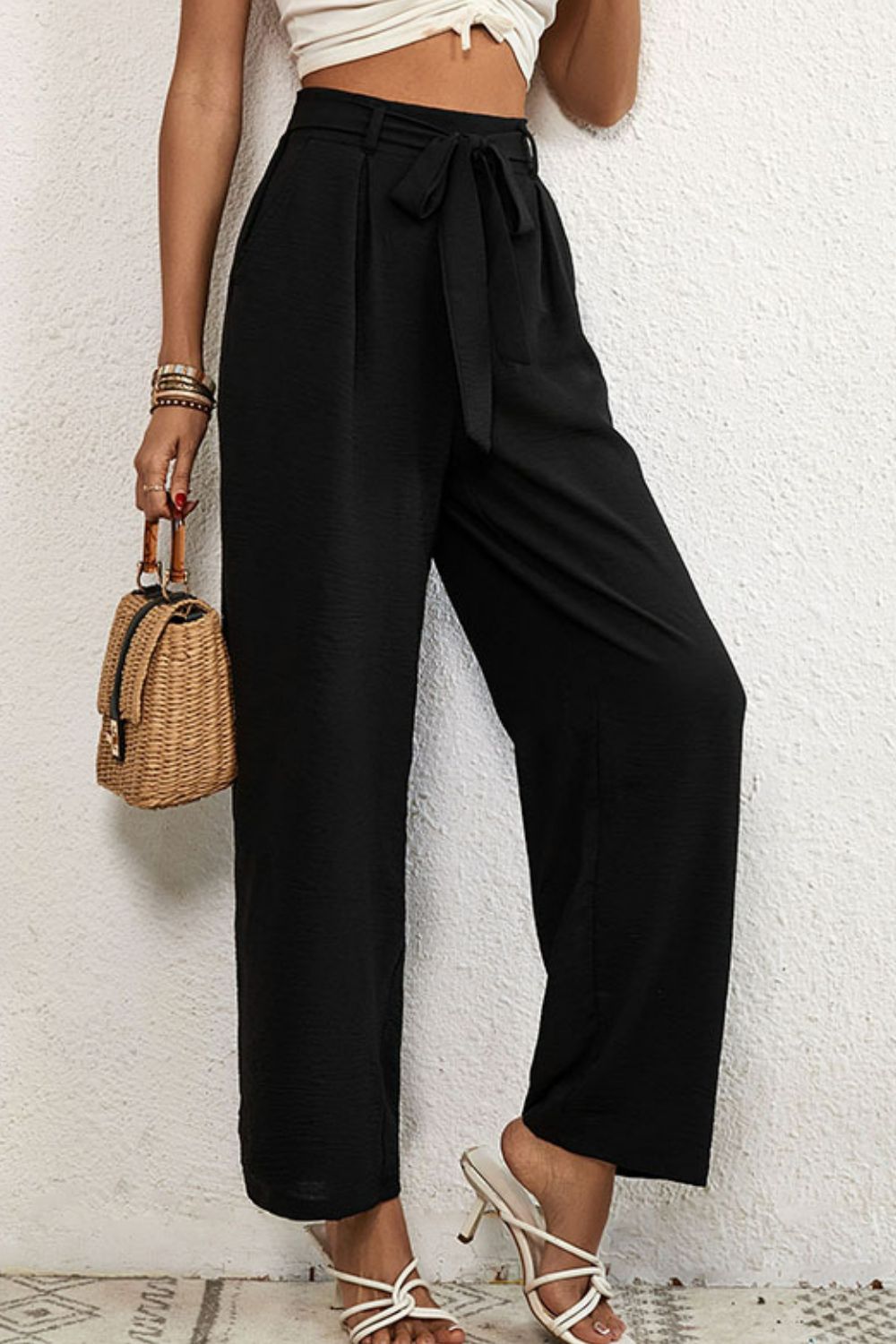 Belted Pleated Waist Wide Leg Pants-Teresa&#39;s Fashionista LLC