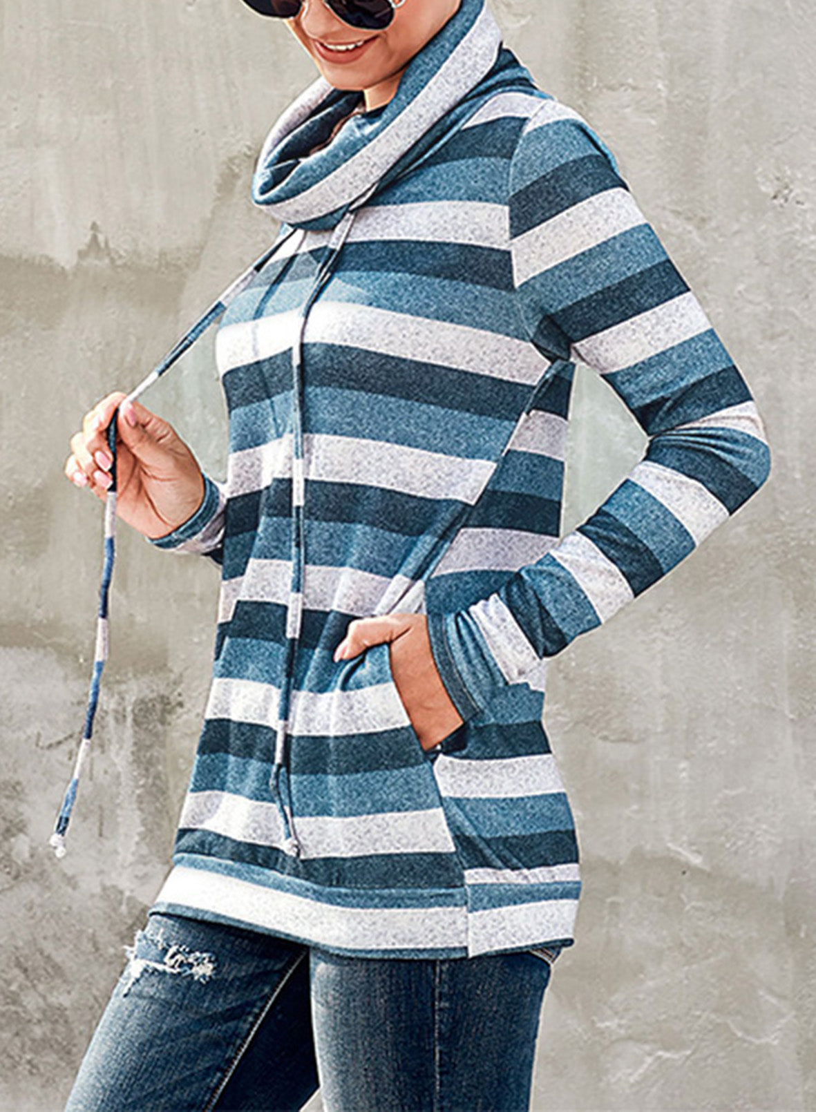 Striped Cowl Neck Tunic Sweatshirt-Teresa&#39;s Fashionista LLC