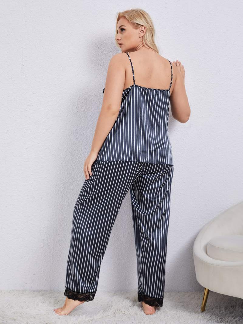 Plus Size Vertical Stripe Lace Trim Cami and Pants Pajama Set-Teresa&#39;s Fashionista LLC