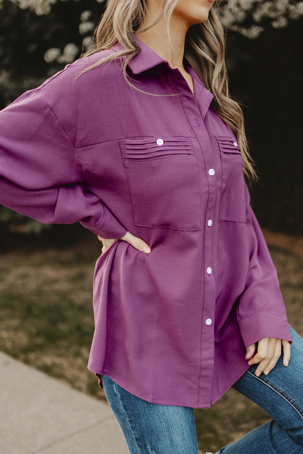 Button-Up Roll-Tab Sleeve Shirt-Teresa&#39;s Fashionista LLC