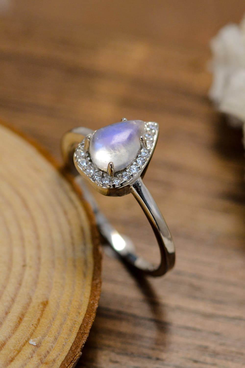 Moonstone Teardrop 925 Sterling Silver Halo Ring-Teresa&#39;s Fashionista LLC