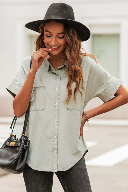 Button Front Collared Short Sleeve Shirt-Teresa&#39;s Fashionista LLC