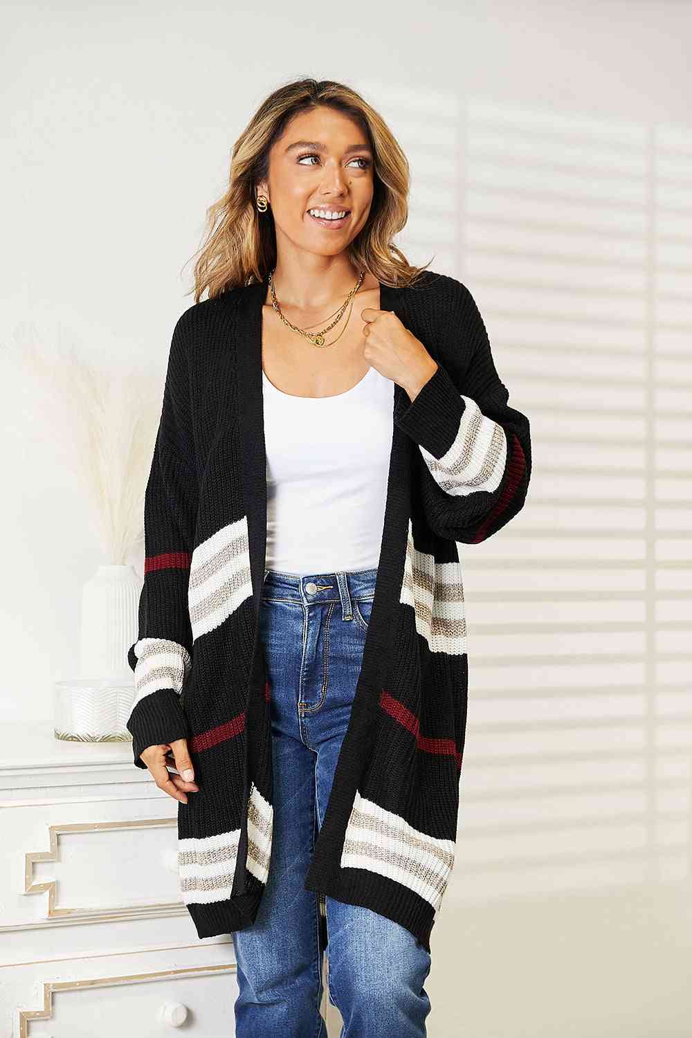 Double Take Striped Rib-Knit Drop Shoulder Open Front Cardigan-Teresa&#39;s Fashionista LLC