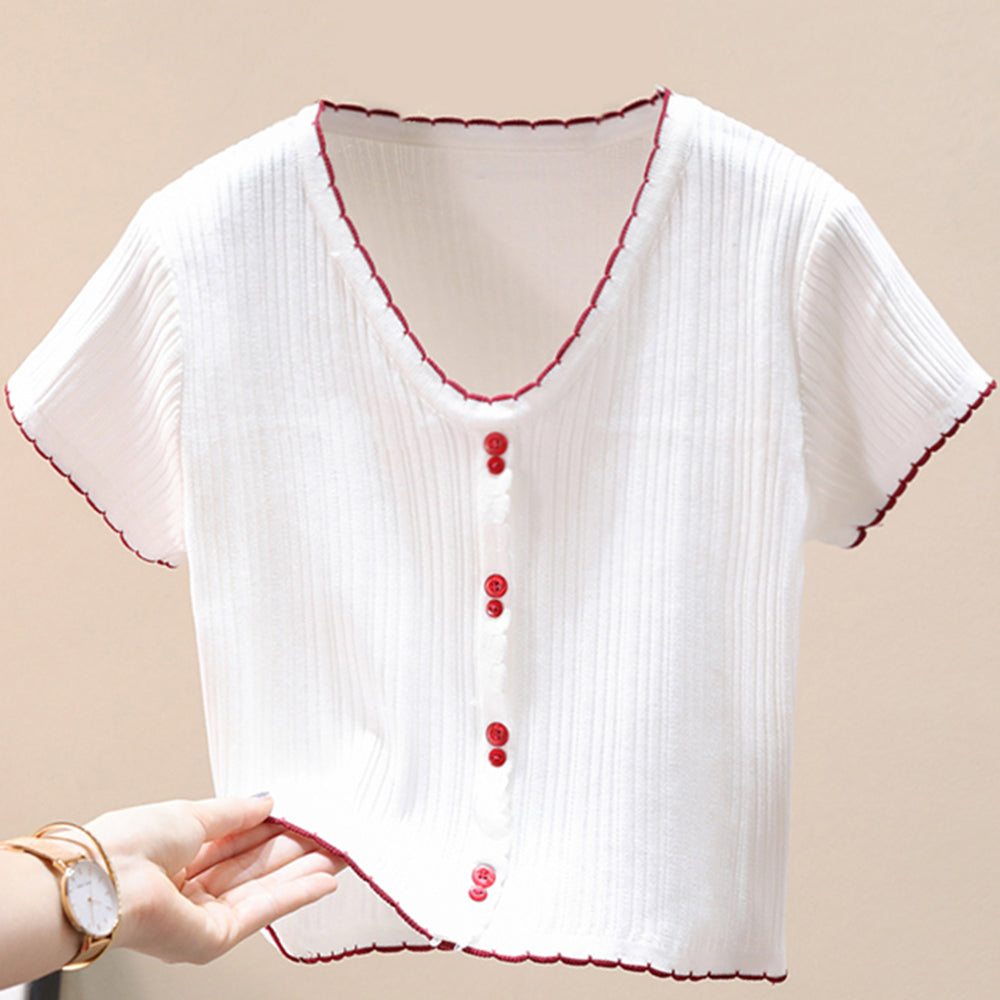 Contrast Decorative Button Short Sleeve Knit Top-Teresa&#39;s Fashionista LLC