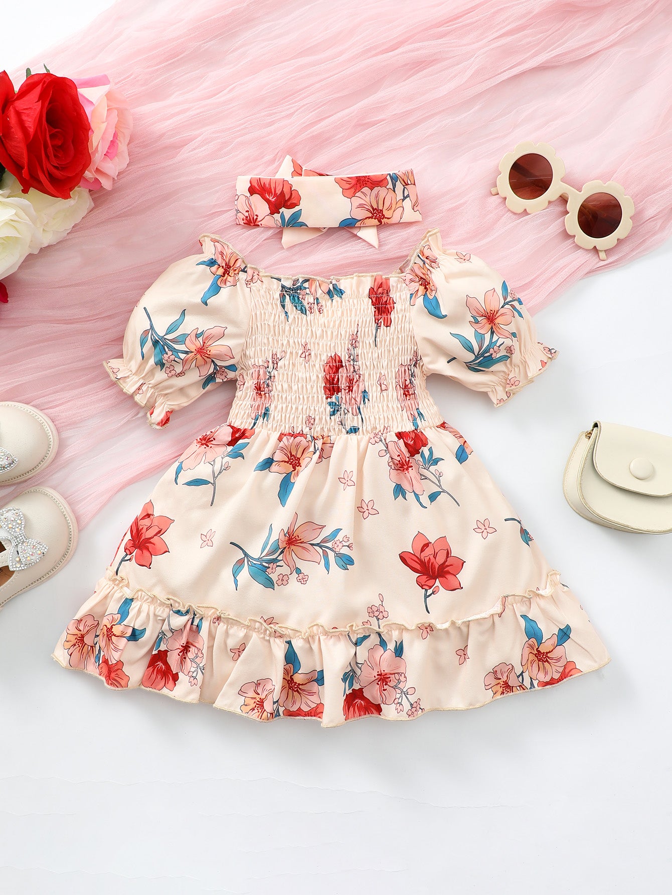 Baby Girl Floral Smocked Frill Trim Dress-Teresa&#39;s Fashionista LLC