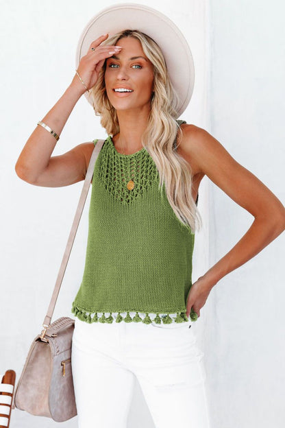 Openwork Tassel Hem Knit Tank-Teresa&#39;s Fashionista LLC