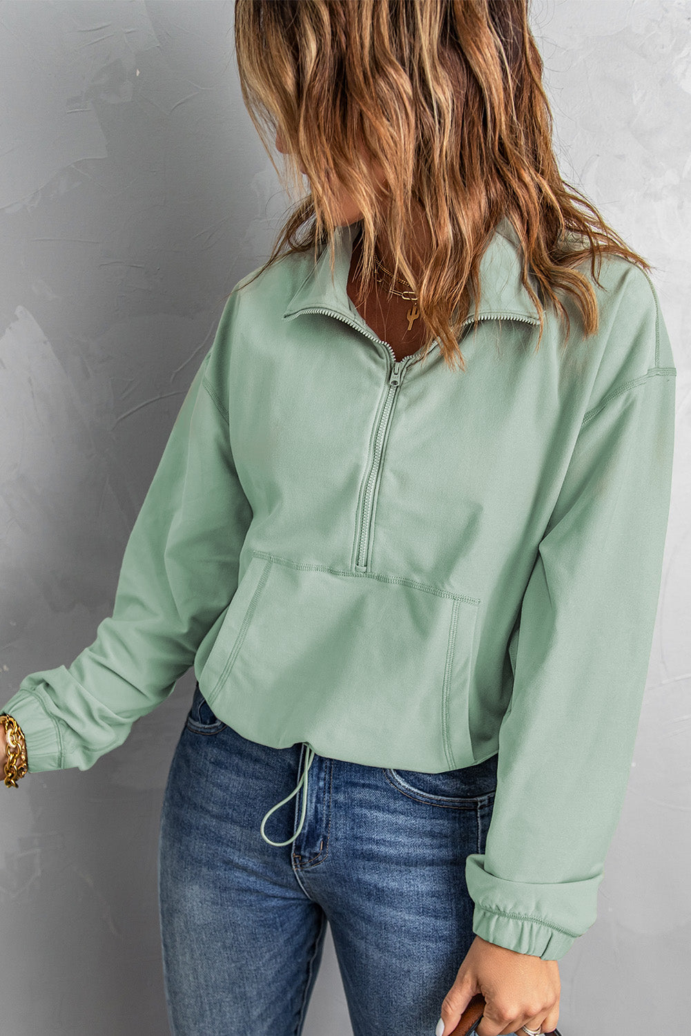 Half-Zip Exposed Seam Drawstring Hem Sweatshirt-Teresa&#39;s Fashionista LLC