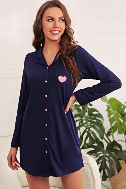 Heart Graphic Lapel Collar Night Shirt Dress-Teresa&#39;s Fashionista LLC