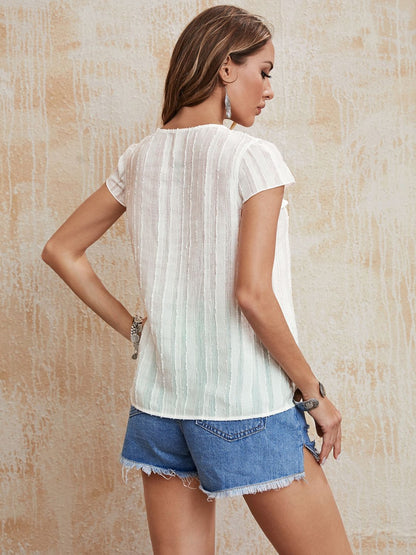 Tie Neck Ruffled Short Sleeve Blouse-Teresa&#39;s Fashionista LLC