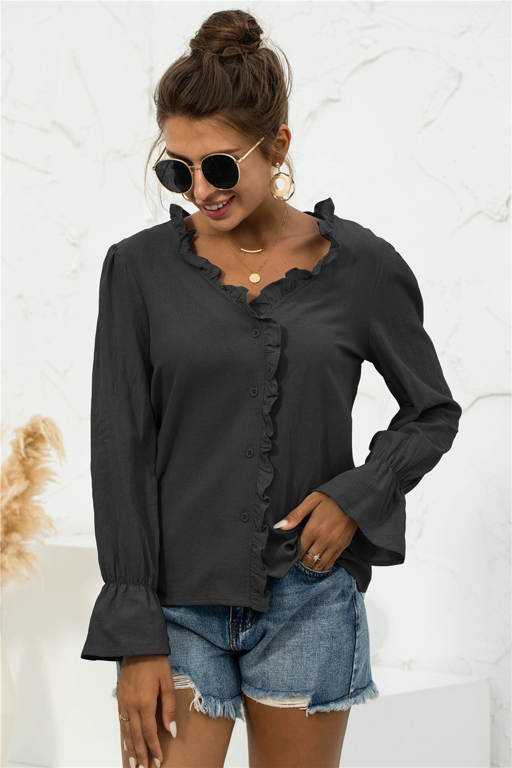 Frill Trim V-Neck Flounce Sleeve Shirt-Teresa&#39;s Fashionista LLC