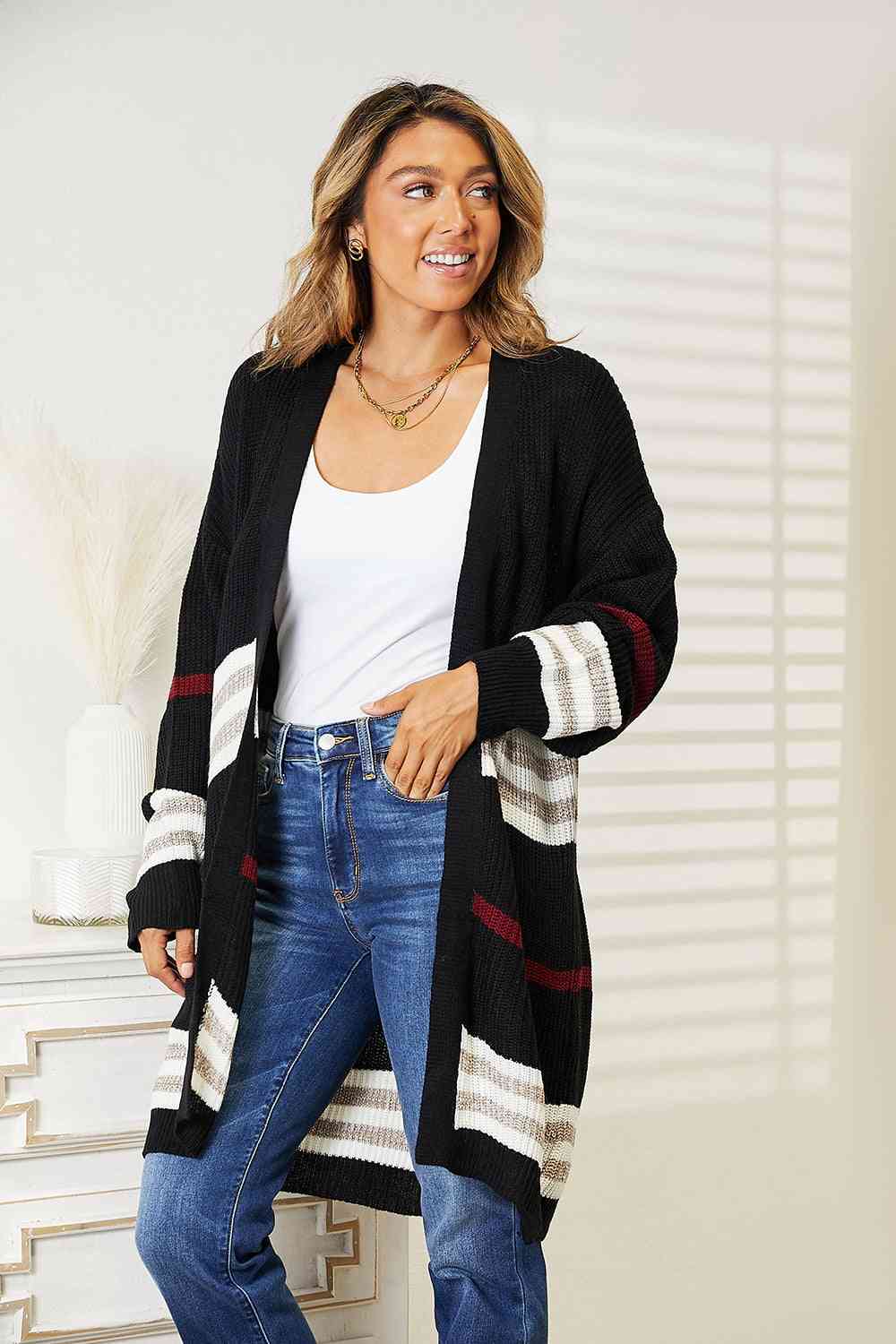 Double Take Striped Rib-Knit Drop Shoulder Open Front Cardigan-Teresa&#39;s Fashionista LLC