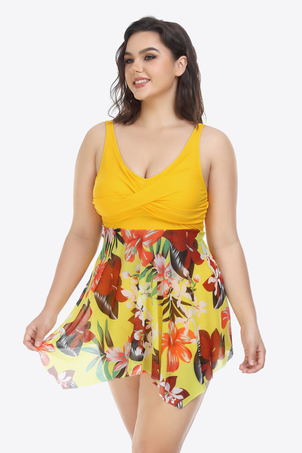 Plus Size Floral Two-Tone Asymmetrical Hem Two-Piece Swimsuit-Teresa&#39;s Fashionista LLC