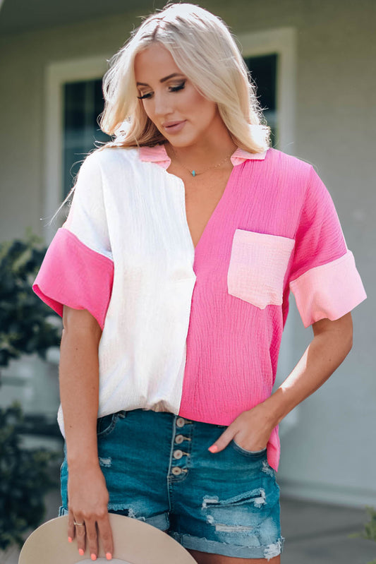 Color Block Textured Johnny Collar Blouse-Teresa&#39;s Fashionista LLC