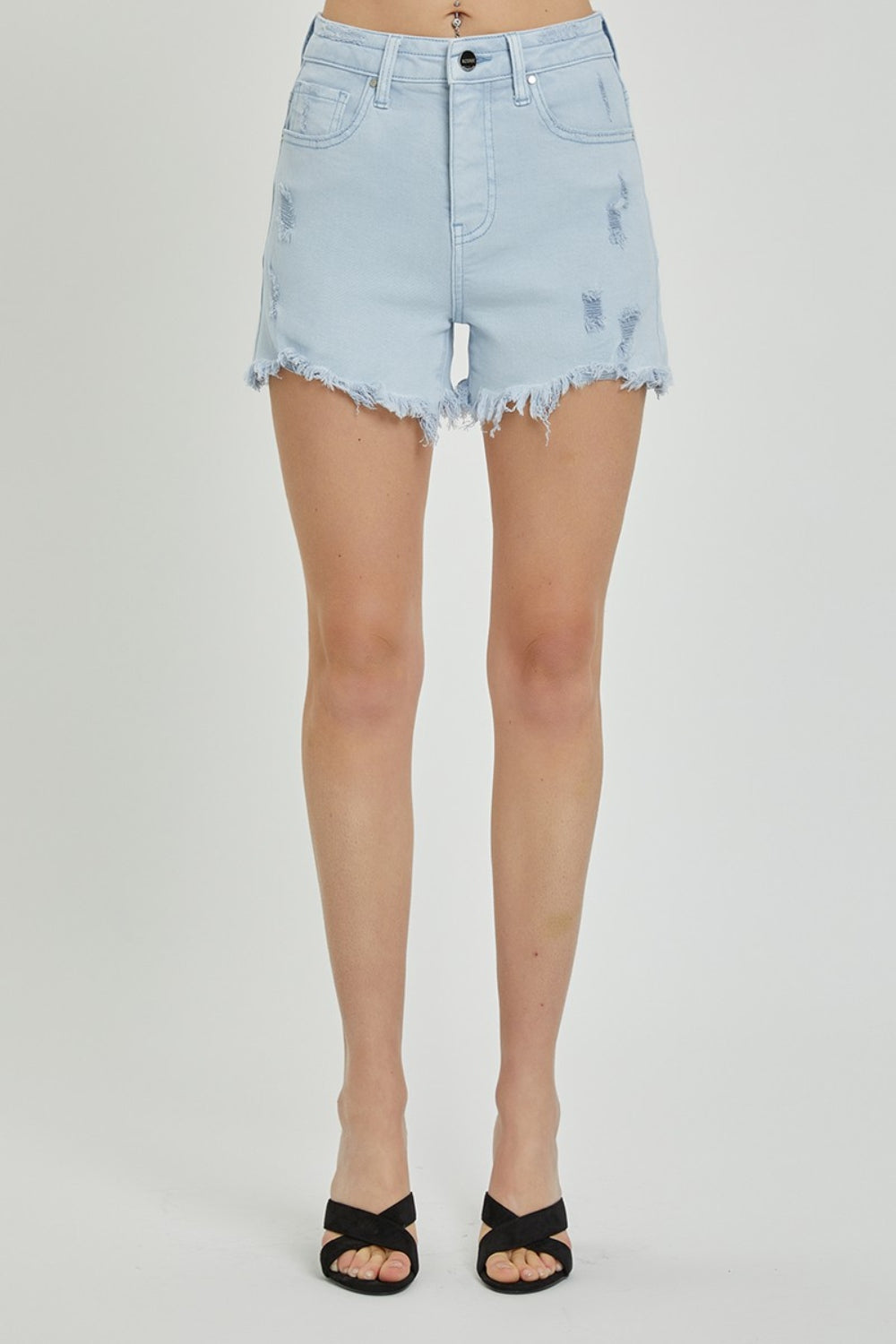 RISEN Full Size High Rise Distressed Detail Denim Shorts-Teresa&#39;s Fashionista LLC