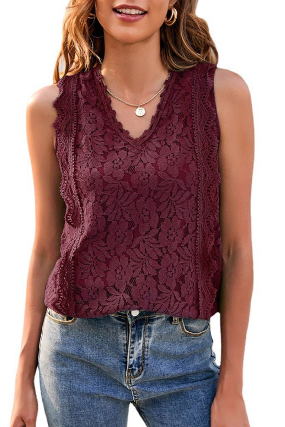 Lace V-Neck Tank-Teresa&#39;s Fashionista LLC