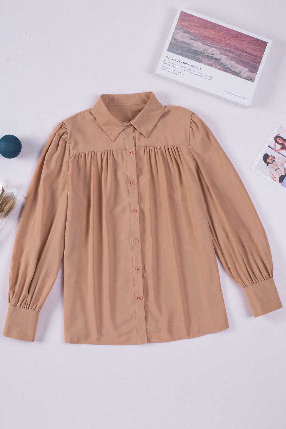 Gathered Detail Puff Sleeve Shirt-Teresa&#39;s Fashionista LLC