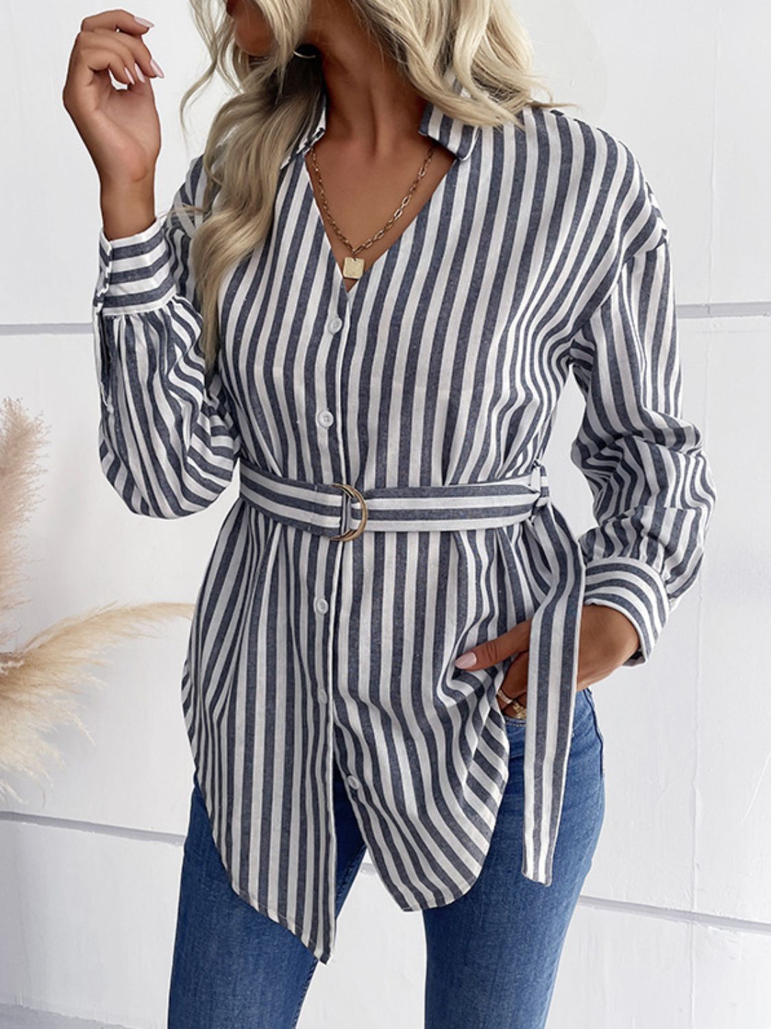 Striped Curved Hem Belted Shirt-Teresa&#39;s Fashionista LLC