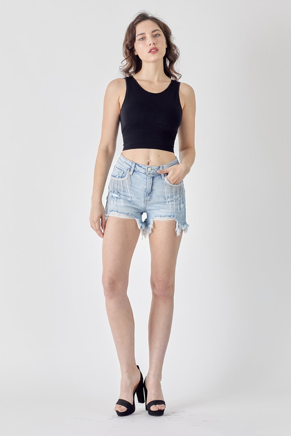 RISEN Frayed Hem Denim Shorts with Fringe Detail Pockets-Teresa&#39;s Fashionista LLC