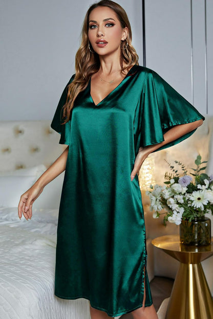 Satin Flutter Sleeve Side Slit V-Neck Night Dress-Teresa&#39;s Fashionista LLC