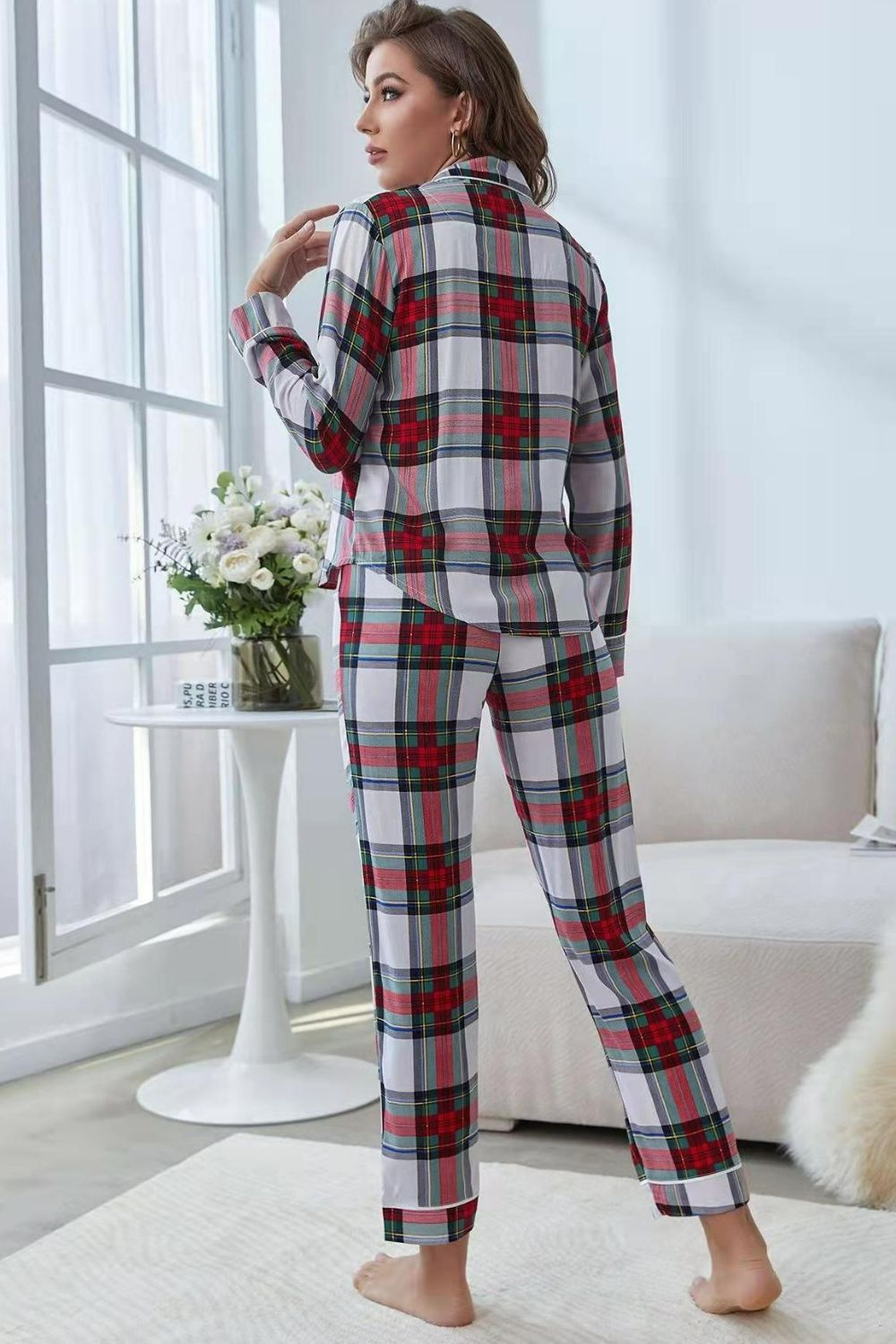 Plaid Button Front Top and Pants Lounge Set-Teresa&#39;s Fashionista LLC