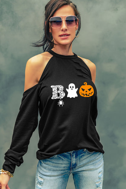 Cold Shoulder Boo Graphic Distressed Blouse-Teresa&#39;s Fashionista LLC