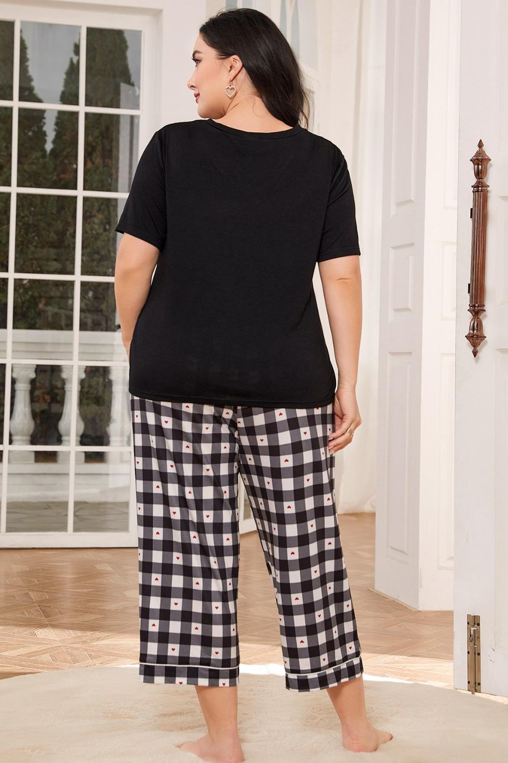 V-Neck Tee and Plaid Cropped Pants Lounge Set-Teresa&#39;s Fashionista LLC