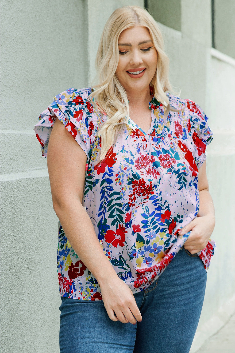 Plus Size Floral Smocked Flutter Sleeve Blouse-Teresa&#39;s Fashionista LLC