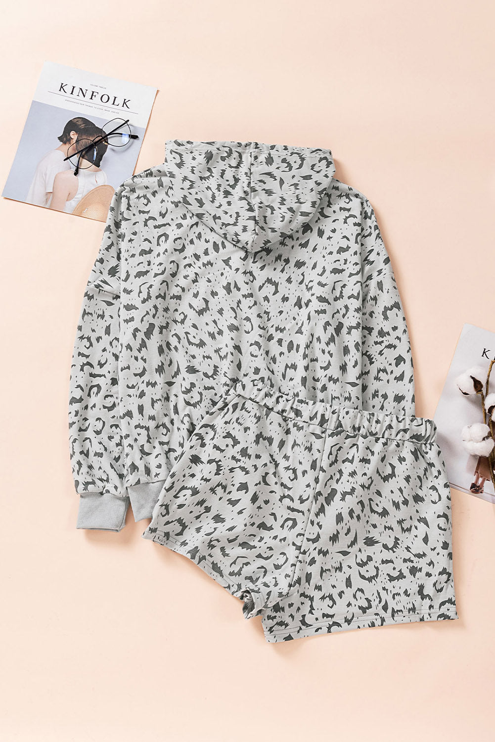 Animal Print Drawstring Detail Hoodie and Shorts Lounge Set-Teresa&#39;s Fashionista LLC