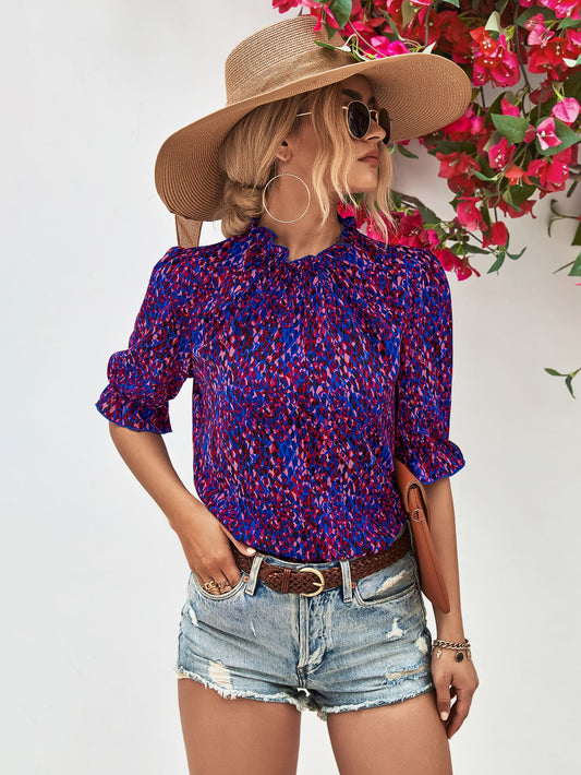 Printed Ruffle Collar Flounce Sleeve Blouse-Teresa&#39;s Fashionista LLC