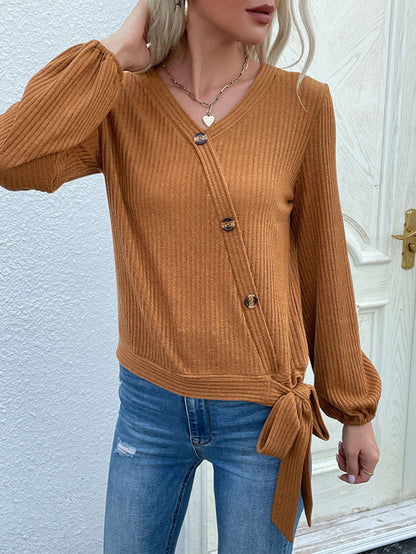 Rib-Knit Asymmetrical Button Blouse-Teresa&#39;s Fashionista LLC