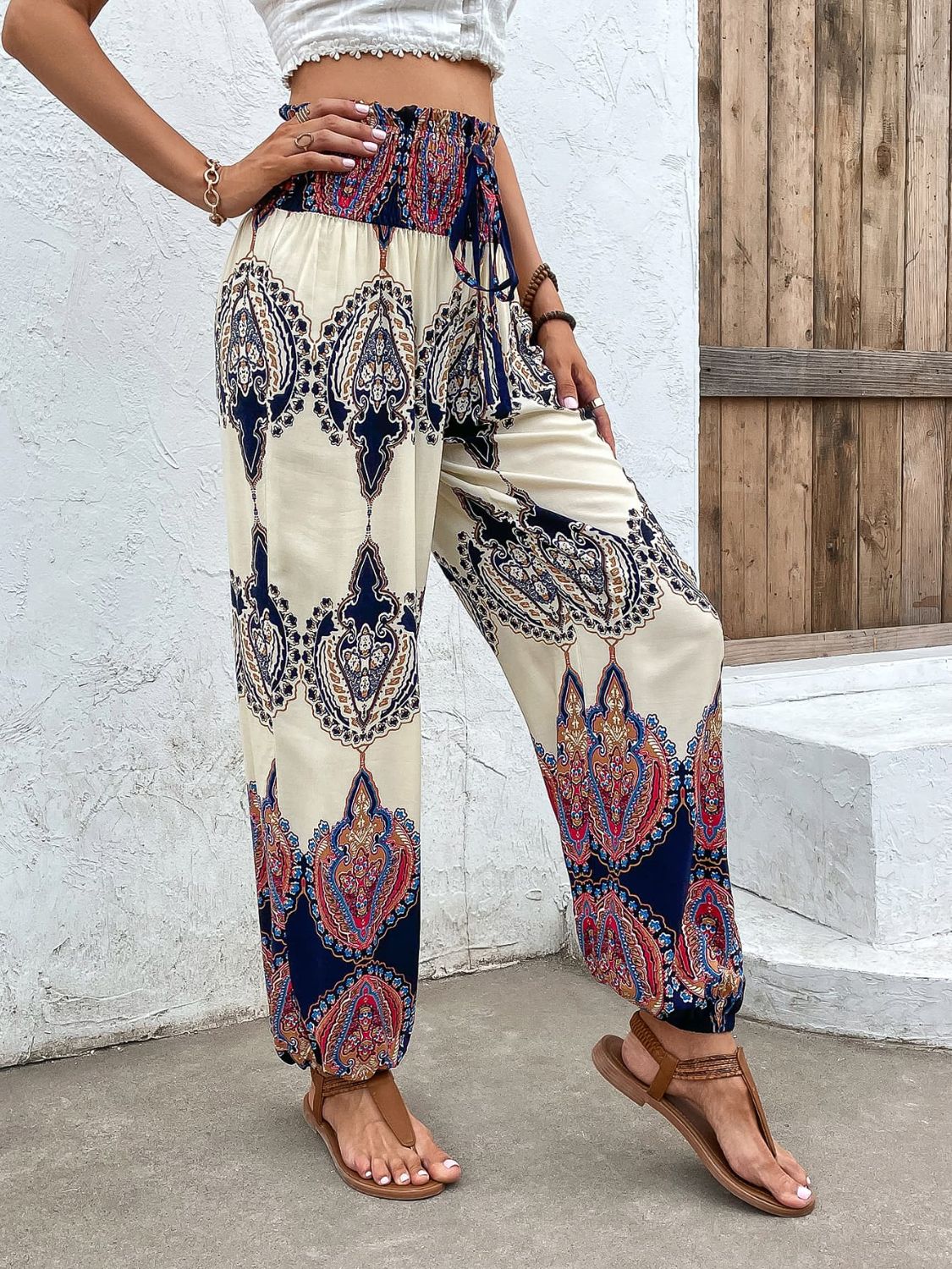 Printed Smocked High Waist Pants-Teresa&#39;s Fashionista LLC